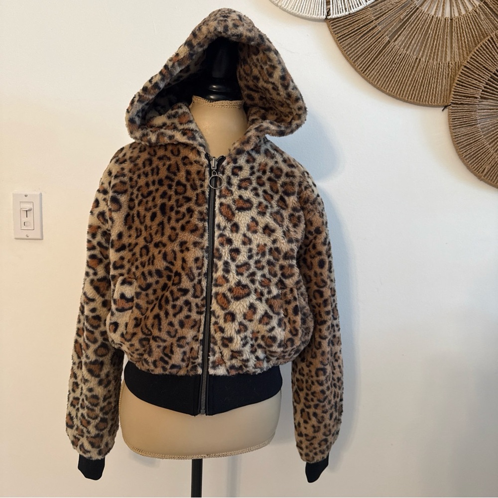Leopard Print Hooded Faux Fur Jacket reversible